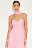 Candy Pink A Line Sweetheart Pleated Maxi Wedding Guest Dress with Neck Scarf