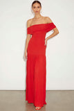 Bright Red Off the Shoulder A Line Pleated Maxi Wedding Guest Dress