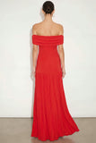 Bright Red Off the Shoulder A Line Pleated Maxi Wedding Guest Dress