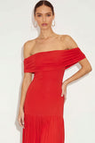 Bright Red Off the Shoulder A Line Pleated Maxi Wedding Guest Dress