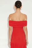 Bright Red Off the Shoulder A Line Pleated Maxi Wedding Guest Dress