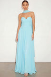 Lake Blue A Line Neck Scarf Maxi Wedding Guest Dress