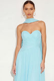 Lake Blue A Line Neck Scarf Maxi Wedding Guest Dress