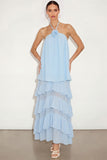 Light Blue Floral Halter Neck Maxi Wedding Guest Dress with Ruffles