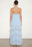 Light Blue Floral Halter Neck Maxi Wedding Guest Dress with Ruffles
