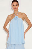 Light Blue Floral Halter Neck Maxi Wedding Guest Dress with Ruffles
