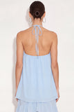 Light Blue Floral Halter Neck Maxi Wedding Guest Dress with Ruffles