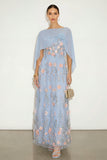 Light Blue Floral Long A-Line Wedding Guest Dress with Cape