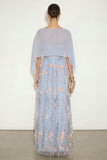 Light Blue Floral Long A-Line Wedding Guest Dress with Cape