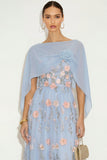 Light Blue Floral Long A-Line Wedding Guest Dress with Cape