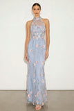 Light Blue Floral High Neck Mermaid Long Wedding Guest Dress