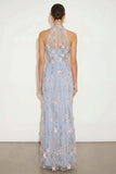 Light Blue Floral High Neck Mermaid Long Wedding Guest Dress