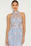 Light Blue Floral High Neck Mermaid Long Wedding Guest Dress