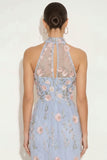 Light Blue Floral High Neck Mermaid Long Wedding Guest Dress