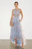 Floral Light Blue A-Line Illusion Neck Long Wedding Guest Dress with Pocket