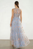 Floral Light Blue A-Line Illusion Neck Long Wedding Guest Dress with Pocket