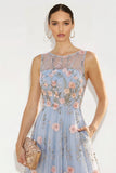 Floral Light Blue A-Line Illusion Neck Long Wedding Guest Dress with Pocket