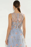 Floral Light Blue A-Line Illusion Neck Long Wedding Guest Dress with Pocket
