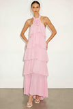 Candy Pink Floral Halter Ruffled Tiered Long Wedding Guest Dress