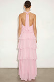 Candy Pink Floral Halter Ruffled Tiered Long Wedding Guest Dress