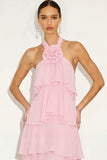 Candy Pink Floral Halter Ruffled Tiered Long Wedding Guest Dress