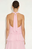 Candy Pink Floral Halter Ruffled Tiered Long Wedding Guest Dress