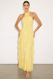 Floral Light Yellow Halter A-Line Long Wedding Guest Dress with Ruffles