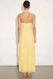 Floral Light Yellow Halter A-Line Long Wedding Guest Dress with Ruffles