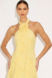 Floral Light Yellow Halter A-Line Long Wedding Guest Dress with Ruffles
