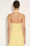 Floral Light Yellow Halter A-Line Long Wedding Guest Dress with Ruffles
