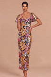 Sparkly Sequins Floral Black Short Sleeves Sheath Midi Wedding Guest Dress with Slit