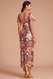 Sparkly Sequins Floral Black Short Sleeves Sheath Midi Wedding Guest Dress with Slit