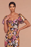 Sparkly Sequins Floral Black Short Sleeves Sheath Midi Wedding Guest Dress with Slit