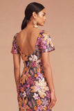 Sparkly Sequins Floral Black Short Sleeves Sheath Midi Wedding Guest Dress with Slit