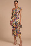 Floral Sparkly Sequins Black Asymmetrical Neck Mermaid Midi Formal Dress