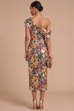 Floral Sparkly Sequins Black Asymmetrical Neck Mermaid Midi Formal Dress