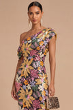 Floral Sparkly Sequins Black Asymmetrical Neck Mermaid Midi Formal Dress