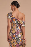 Floral Sparkly Sequins Black Asymmetrical Neck Mermaid Midi Formal Dress