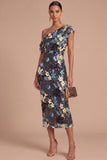 Floral Sparkly Sequins Black Asymmetrical Neck Mermaid Midi Formal Dress