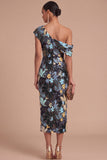 Floral Sparkly Sequins Black Asymmetrical Neck Mermaid Midi Formal Dress