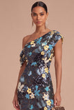 Floral Sparkly Sequins Black Asymmetrical Neck Mermaid Midi Formal Dress