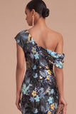 Floral Sparkly Sequins Black Asymmetrical Neck Mermaid Midi Formal Dress