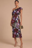 Floral Sparkly Sequins Black Asymmetrical Neck Mermaid Midi Formal Dress