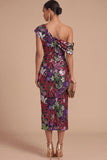 Floral Sparkly Sequins Black Asymmetrical Neck Mermaid Midi Formal Dress