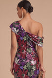 Floral Sparkly Sequins Black Asymmetrical Neck Mermaid Midi Formal Dress