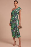 Floral Sparkly Sequins Black Asymmetrical Neck Mermaid Midi Formal Dress