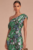 Floral Sparkly Sequins Black Asymmetrical Neck Mermaid Midi Formal Dress