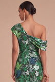 Floral Sparkly Sequins Black Asymmetrical Neck Mermaid Midi Formal Dress