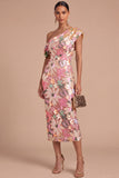 Floral Sparkly Sequins Black Asymmetrical Neck Mermaid Midi Formal Dress