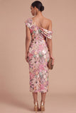 Floral Sparkly Sequins Black Asymmetrical Neck Mermaid Midi Formal Dress